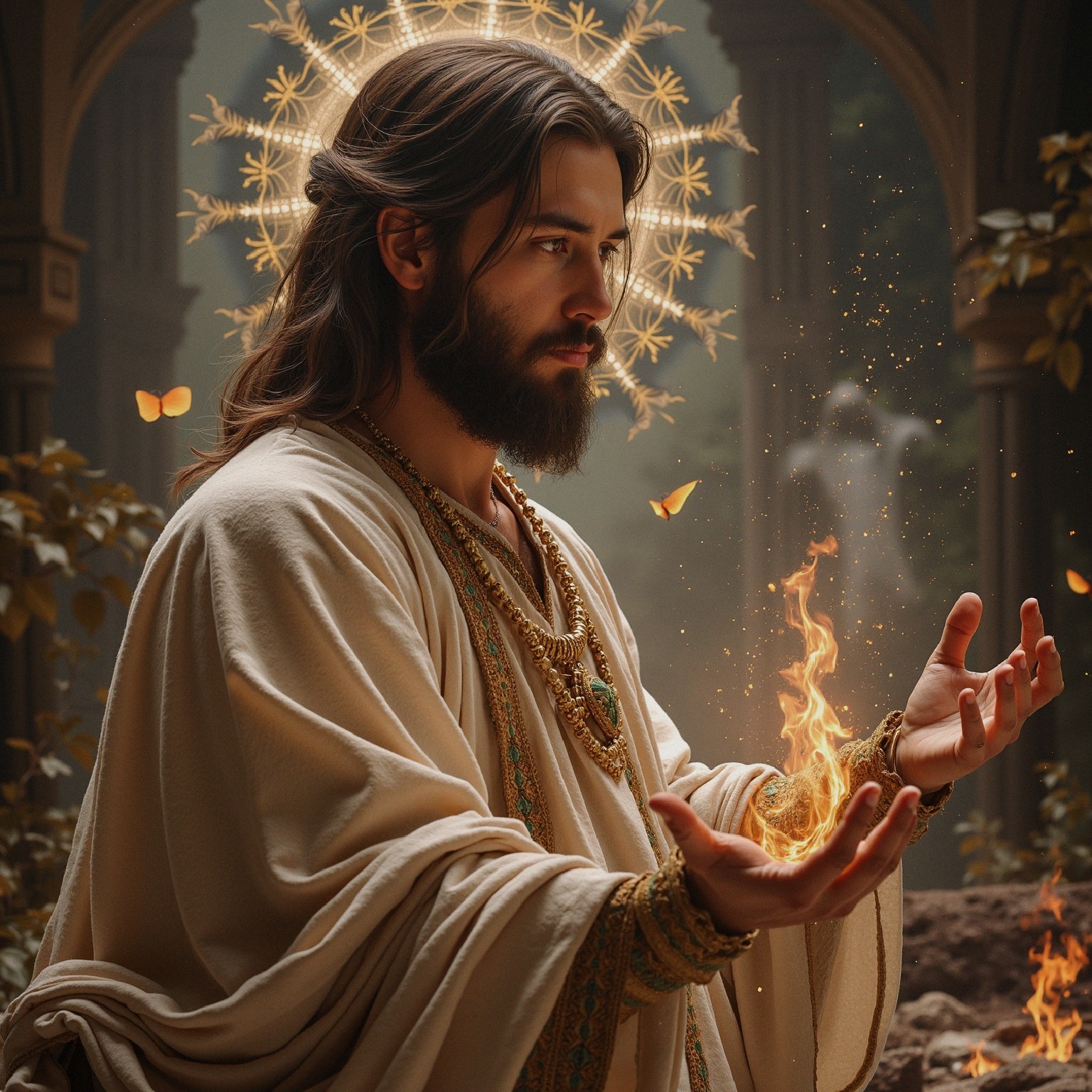 Mystical Man Surrounded by Flames and Butterflies