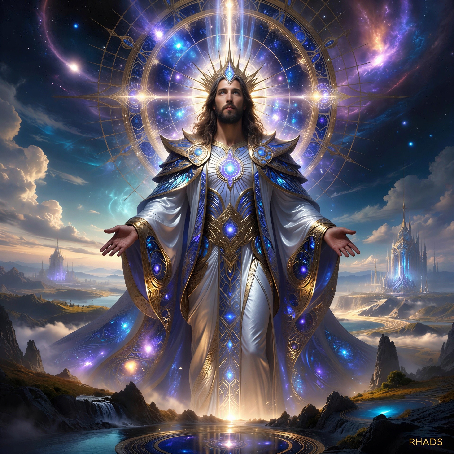 Regal Figure with Cosmic Mandala and Golden Crown