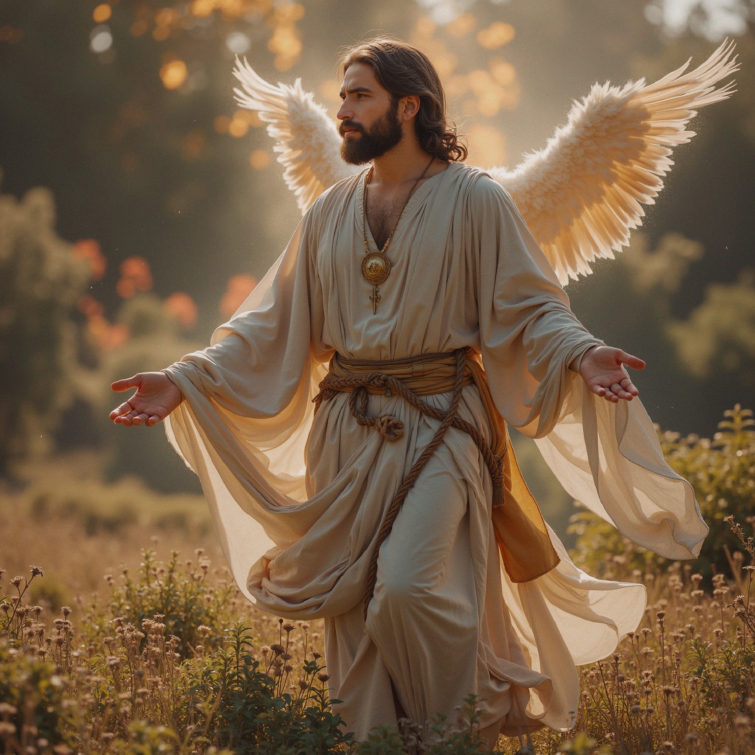 Serene figure with wings in a sunlit field