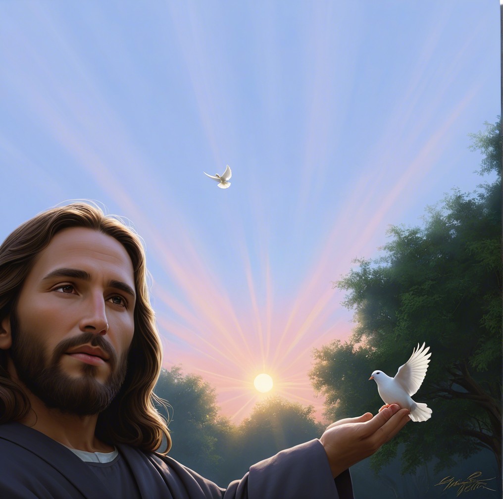 Serene Dawn Landscape with Figure and White Dove