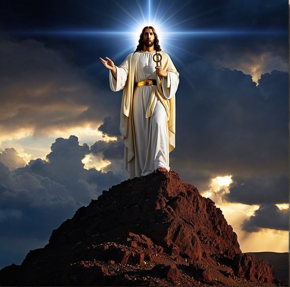 Religious Figure in White Robes on Rocky Outcrop