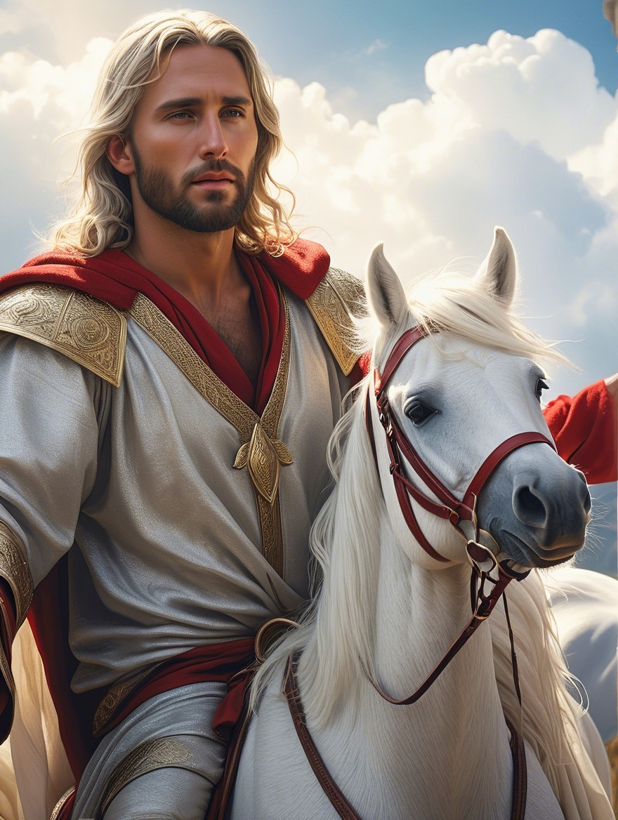 Majestic figure on white horse with flowing robes