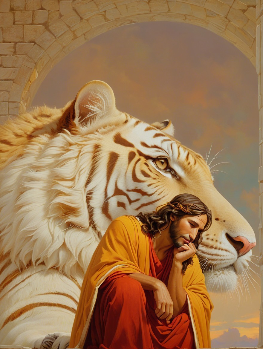 Serene Figure with White Tiger in Ethereal Setting