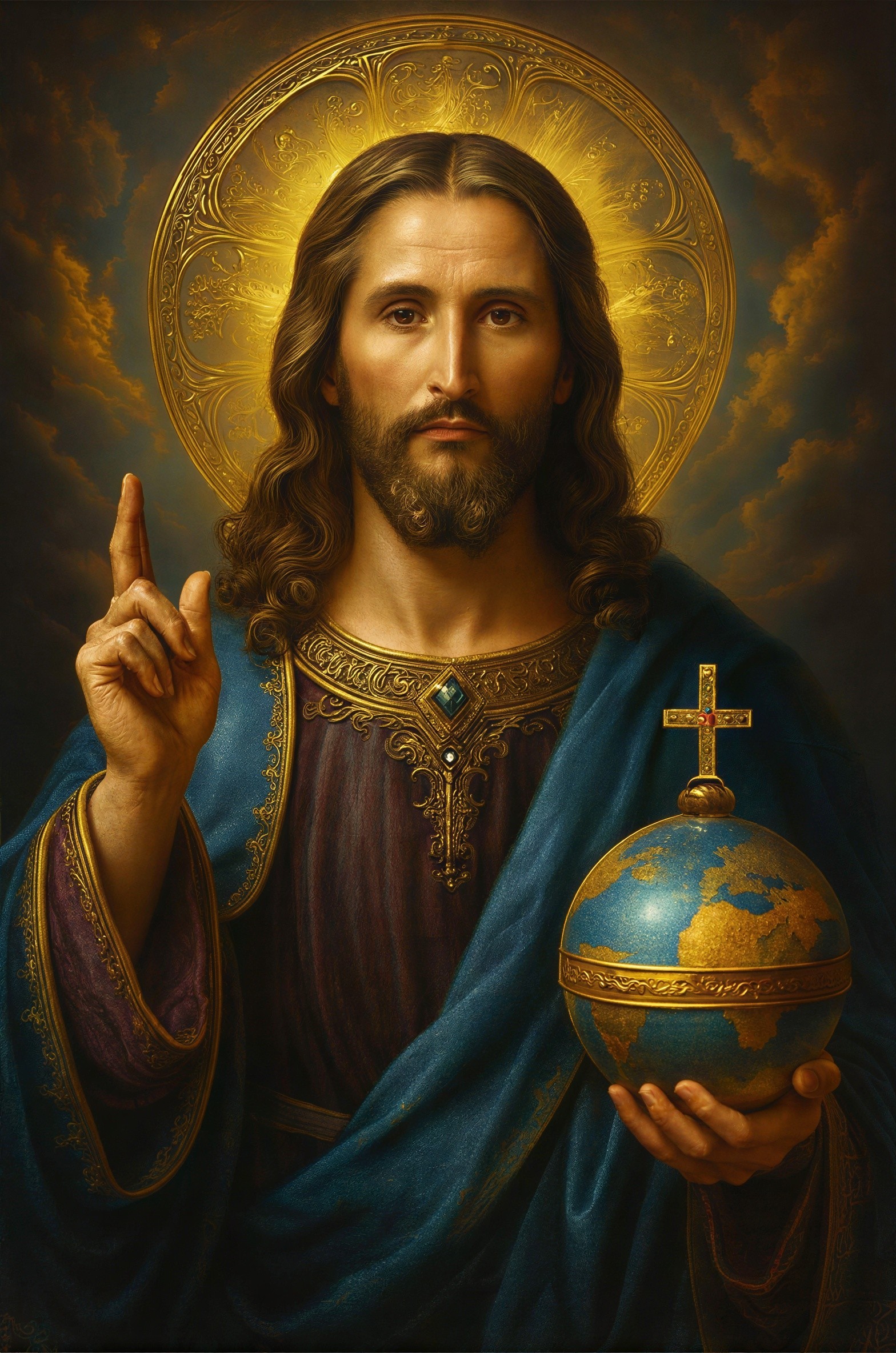 Oil Painting of Jesus Christ with Golden Orb and Halo