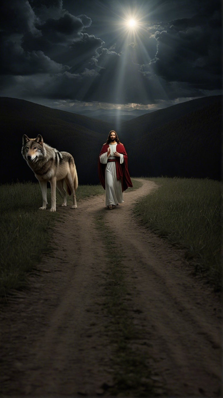 Serene landscape with winding path and majestic wolf