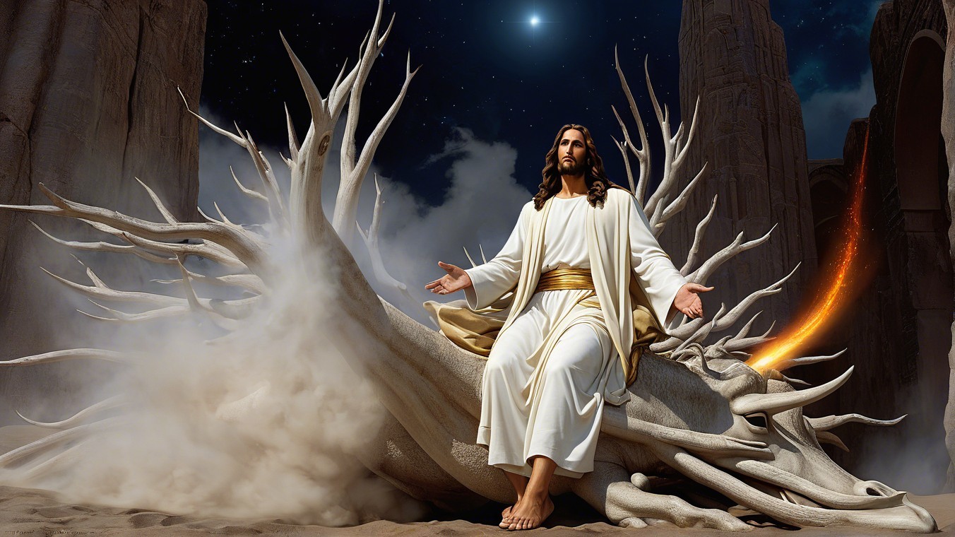 Majestic Figure on Dragon in Ethereal Scene