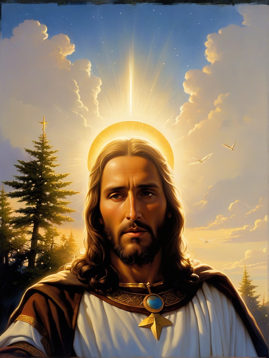 Serene figure with halo in tranquil landscape scene