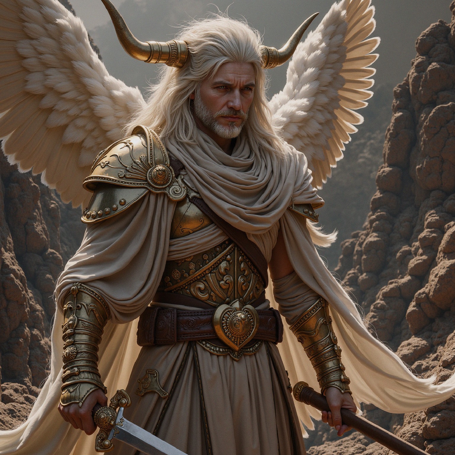 Majestic warrior with wings in golden armor