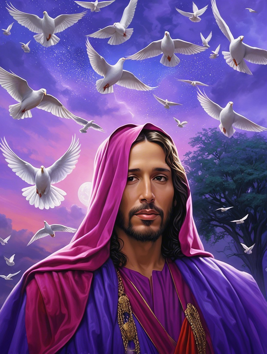 Serene figure in purple robe with doves at twilight
