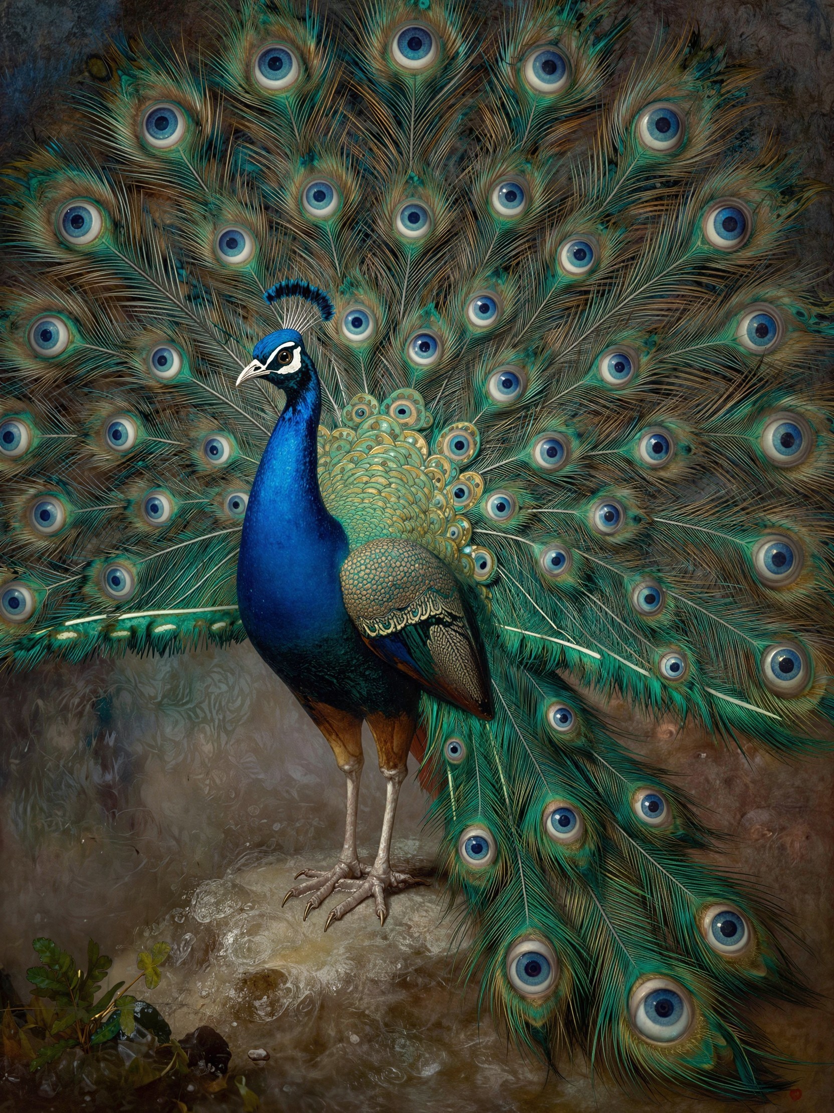 Oil Painting of a Peacock with Fanned Tail Feathers