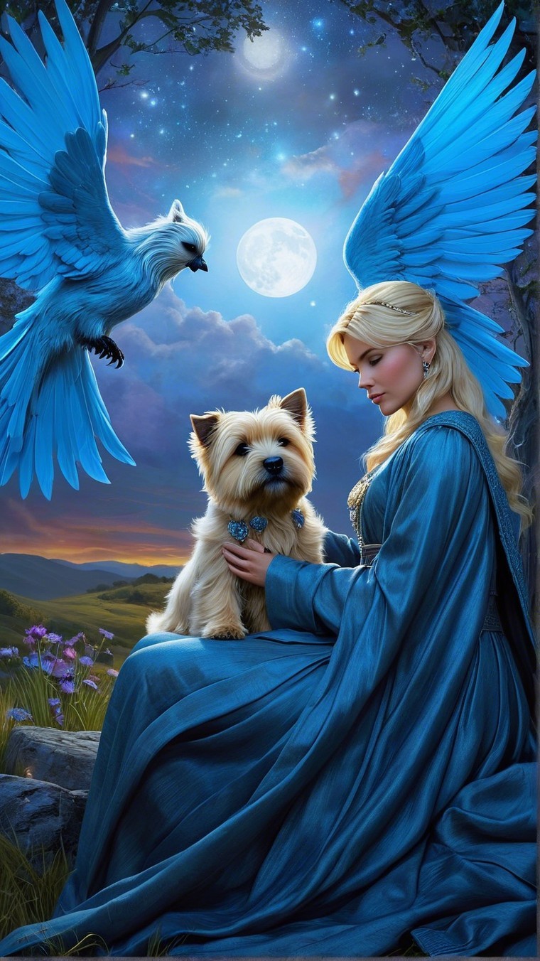 Moonlit Scene with Woman, Dog, and Soaring Bird