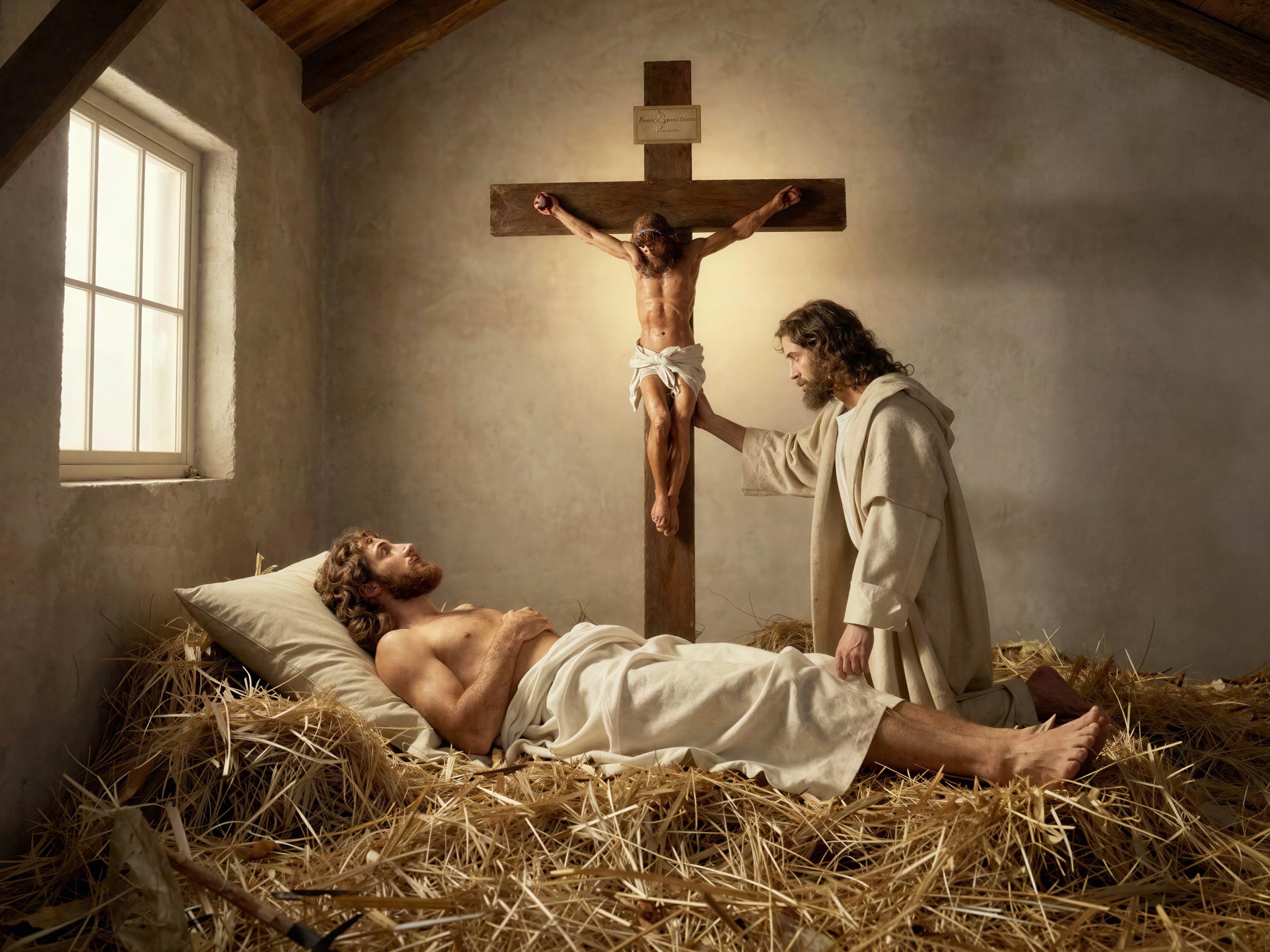 Two men on hay beds, one lying and one kneeling