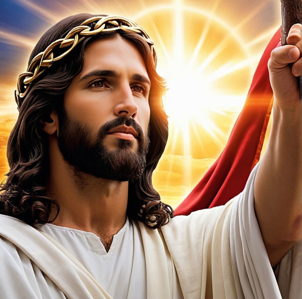 Figure in White Robe with Crown Against Sunrise Background