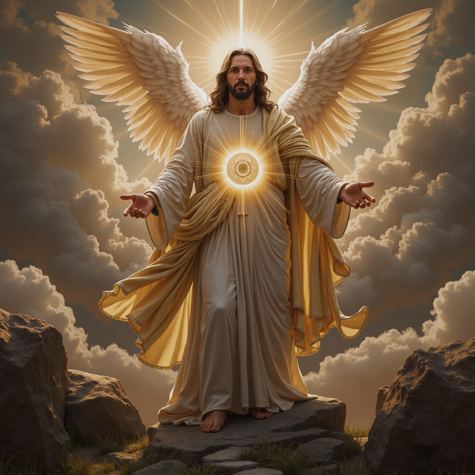 Radiant Figure with Wings in Ethereal Landscape