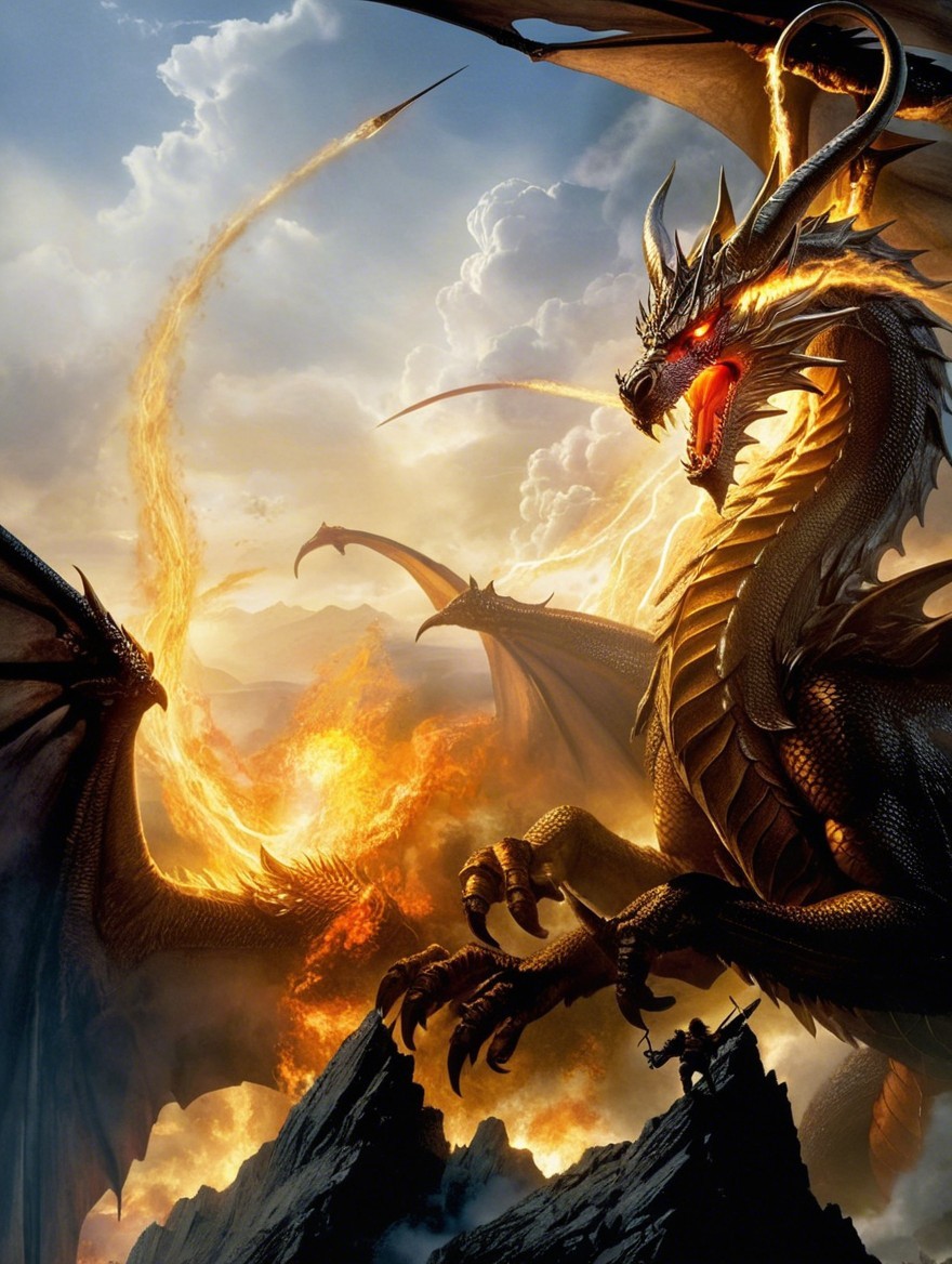 Majestic dragon breathes fire over rocky landscape