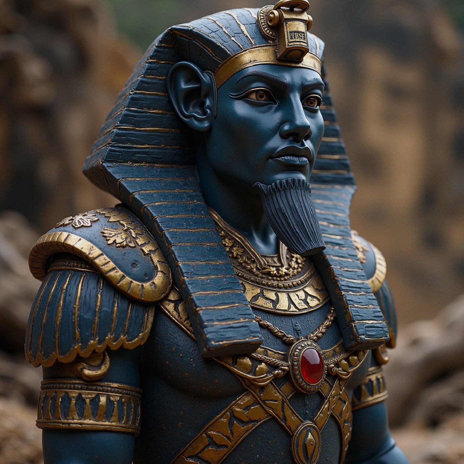 Statue of an Ancient Egyptian Pharaoh with Blue Skin