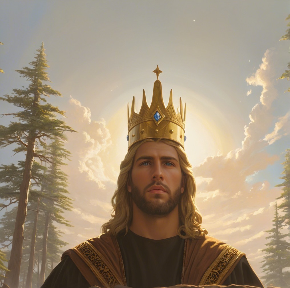 Regal figure in golden crown and ornate robes