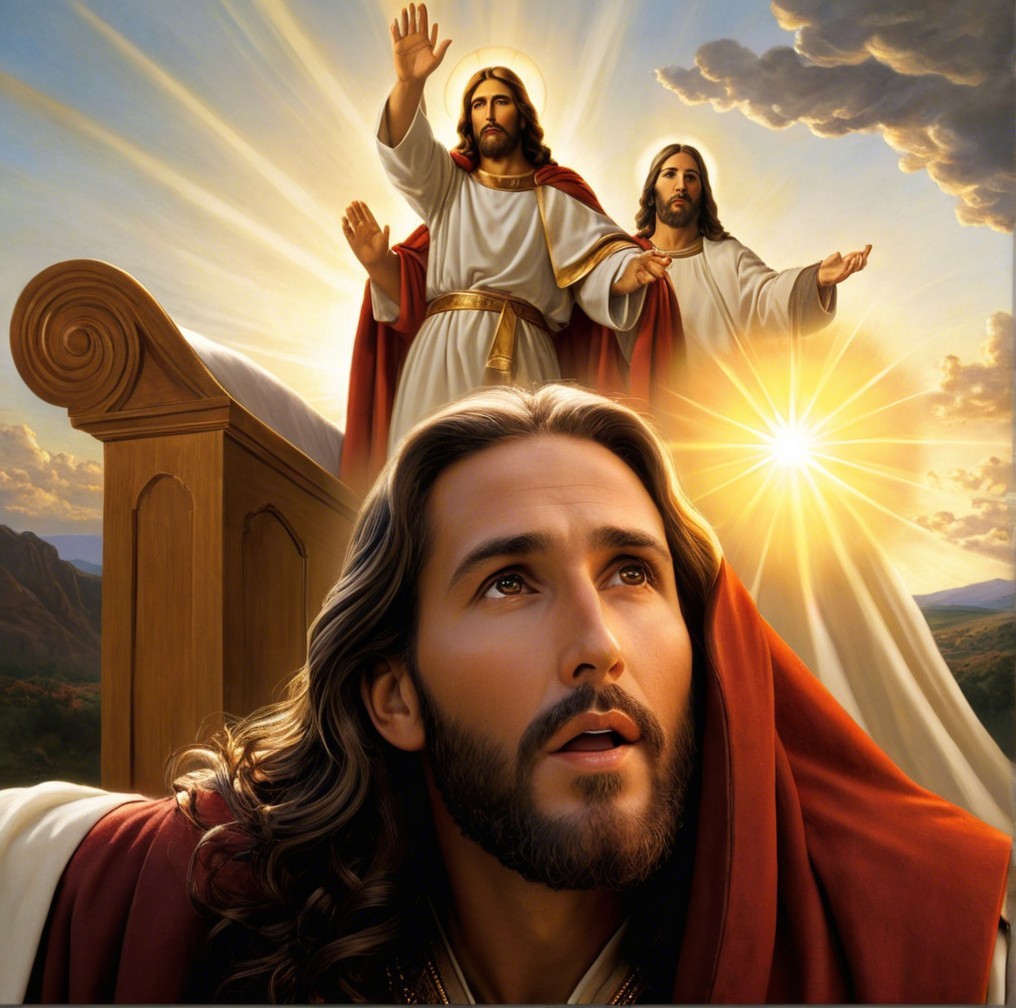 Serene scene with figures in white robes and light