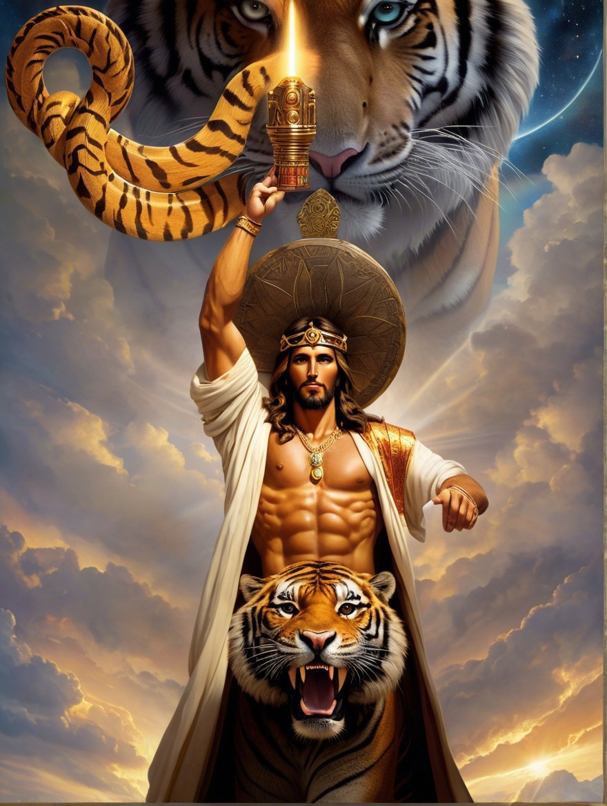 Heroic figure with torch and tigers in mythical setting