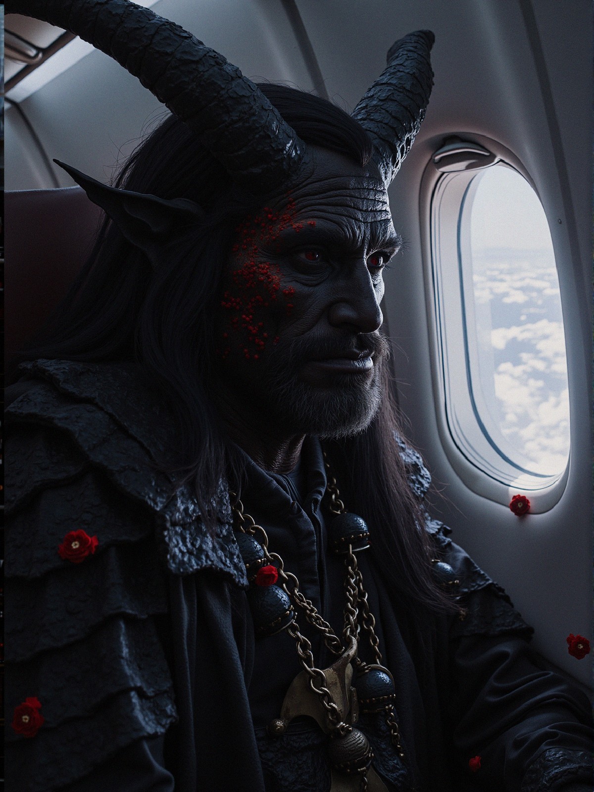 Character with Black Skin and Horns by Airplane Window