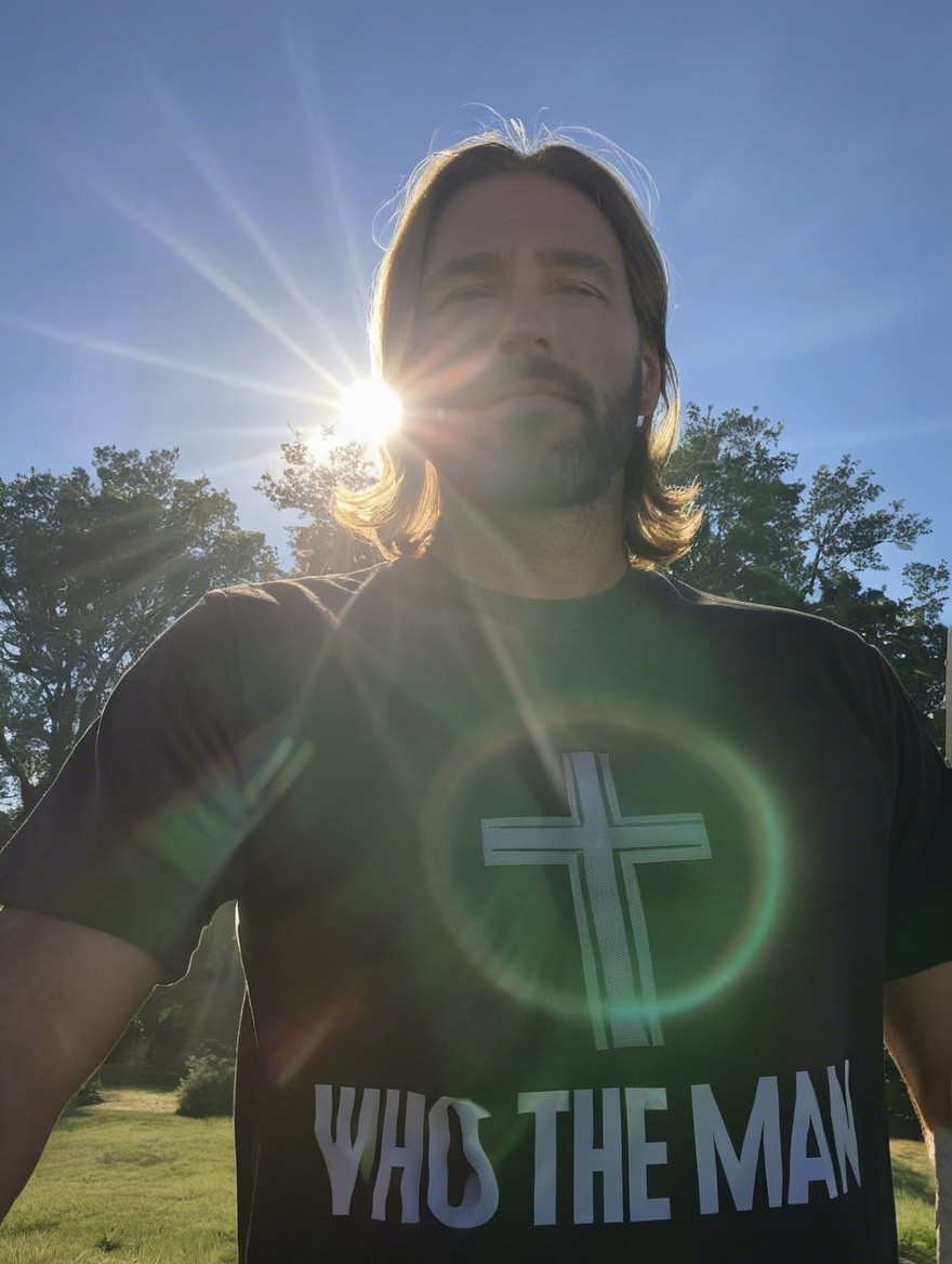 Man in Black T-Shirt with Cross in Sunlit Outdoor Scene