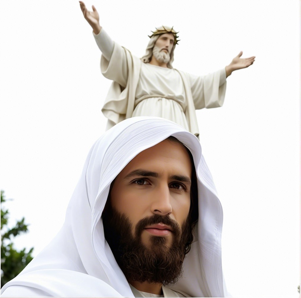 Serene figure in white robes with divine statue backdrop