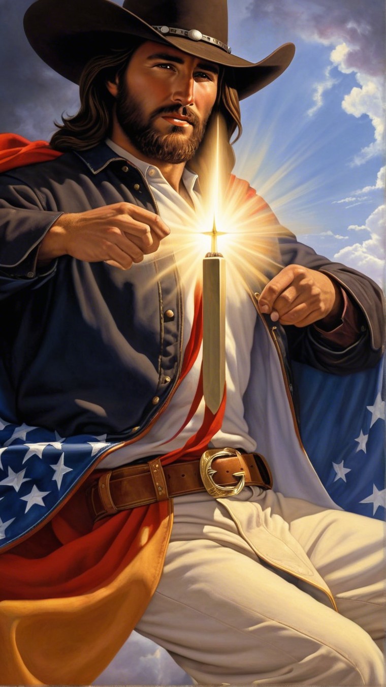 Muscular Man in Cowboy Hat with American Flag and Candle