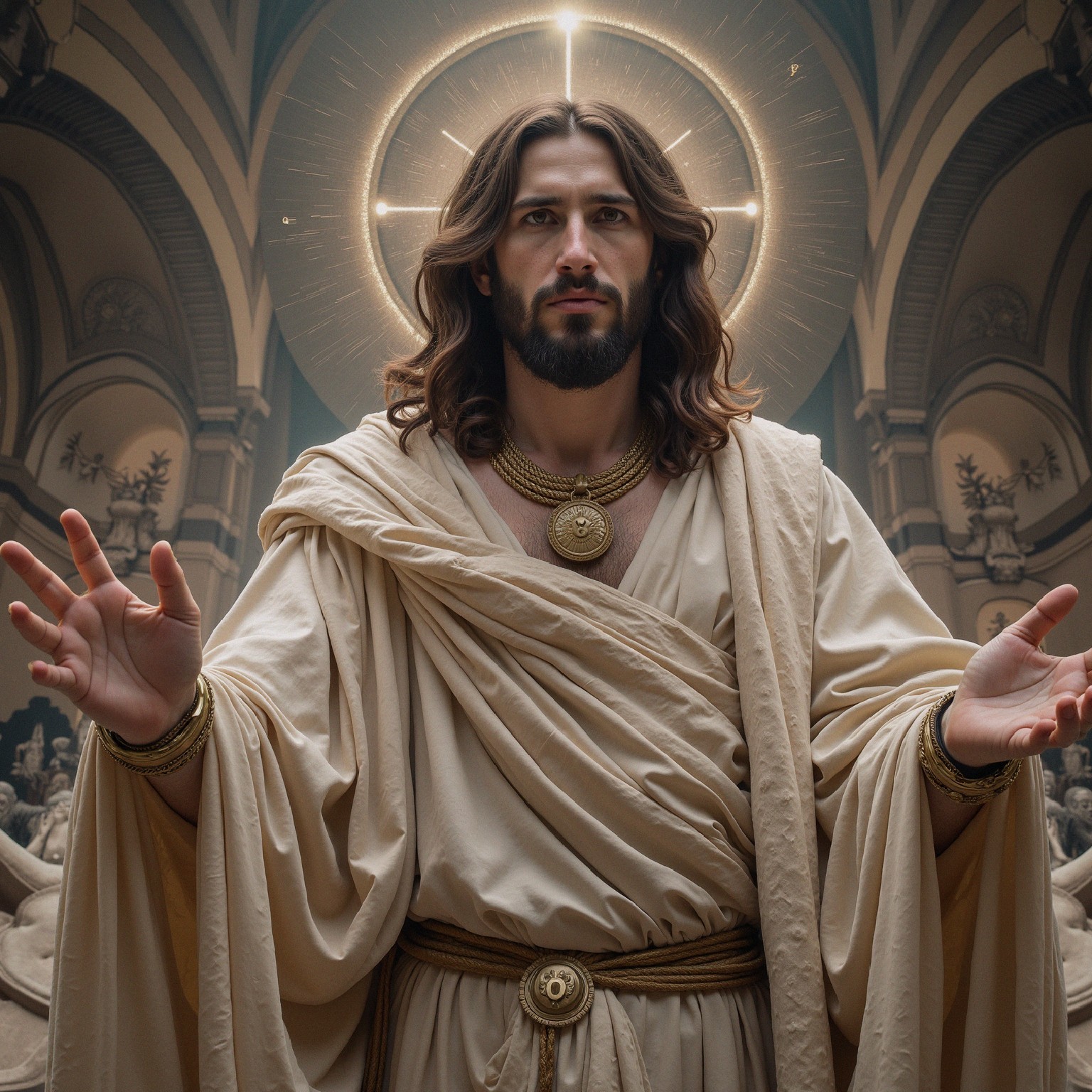 Elegant figure in flowing robes with radiant halo