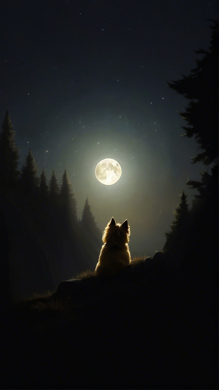 Silhouette of a Dog Under a Full Moon Night Sky