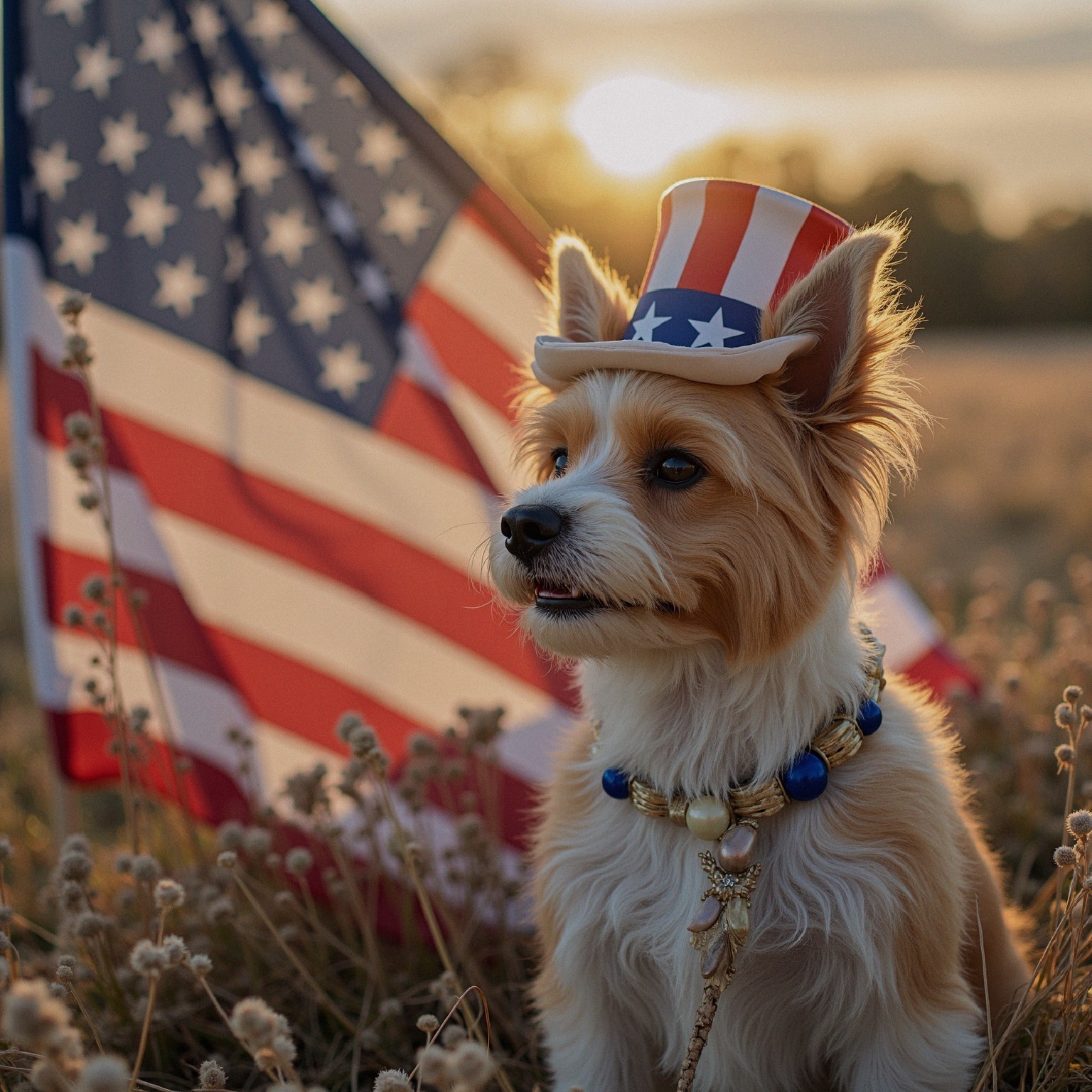 Dog in a top hat with American flag at sunset