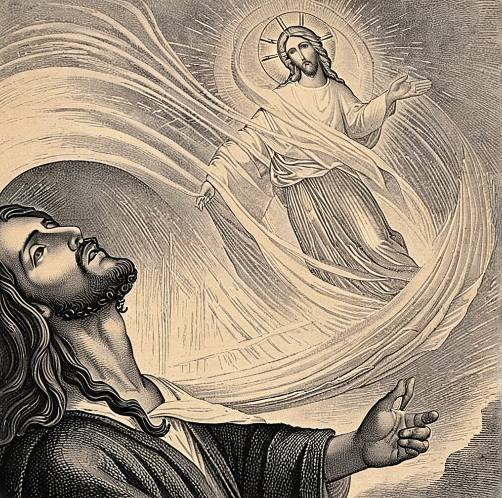 Dramatic Religious Scene with Ethereal Jesus Figure