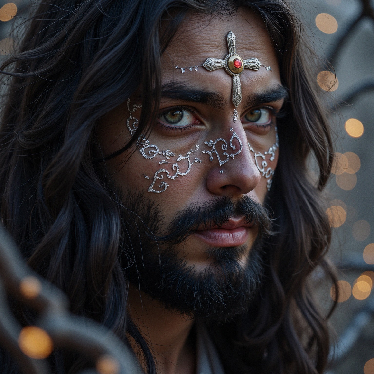 Close-up Portrait of a Man with Silver Face Paint
