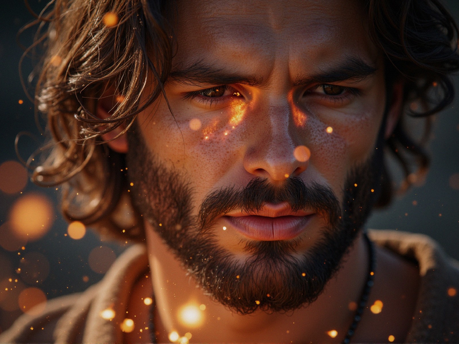 Close-up Portrait of a Man with Tousled Hair and Beard