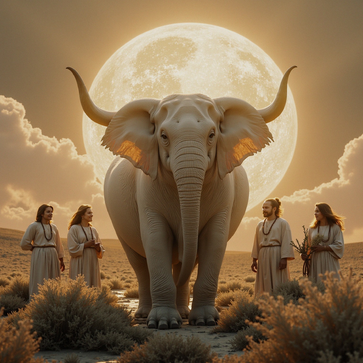 Surreal Landscape with White Elephant and Ethereal Figures