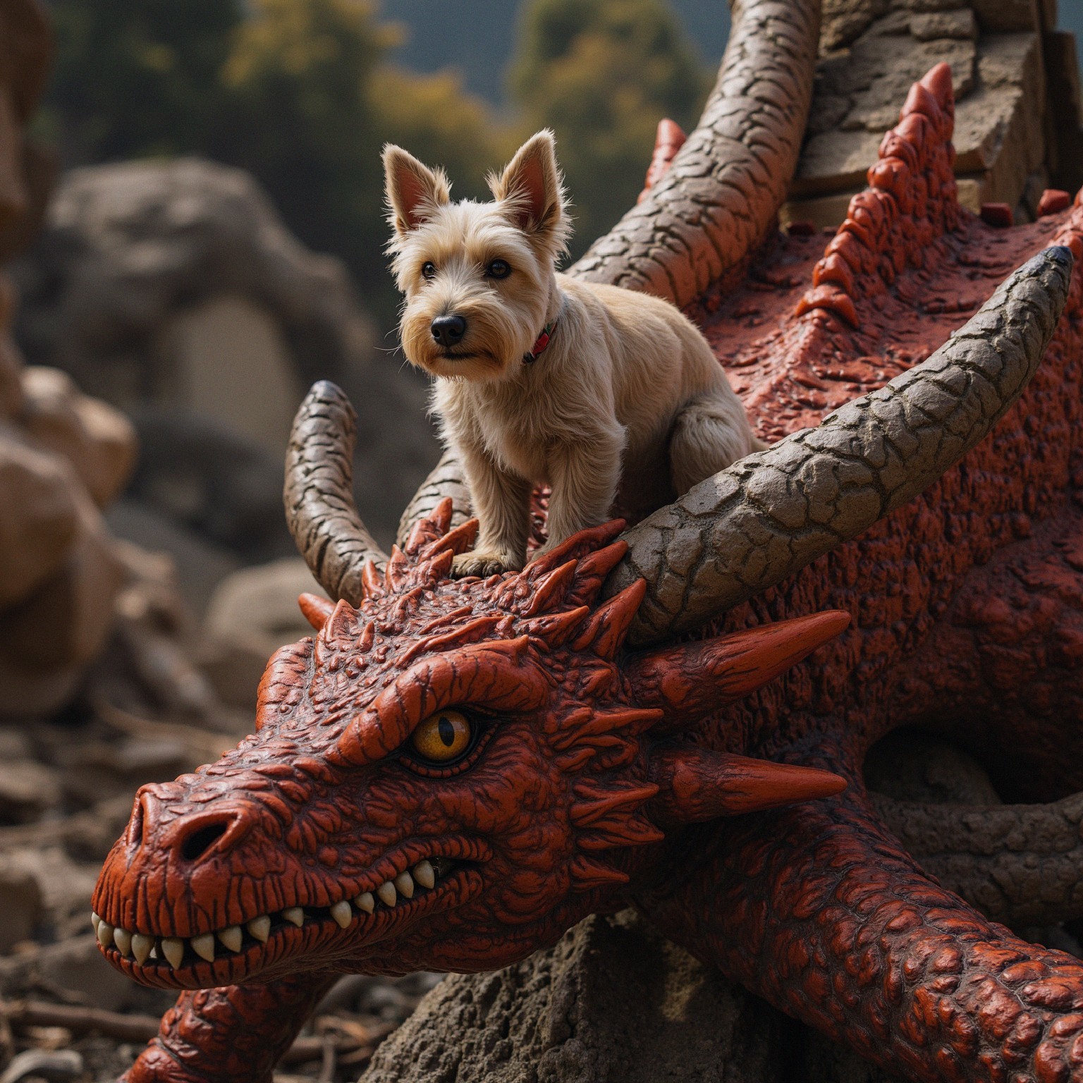 Fluffy Dog on Vibrant Red Dragon Sculpture in Nature
