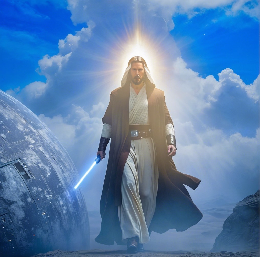 Celestial Figure with Lightsaber in Epic Landscape