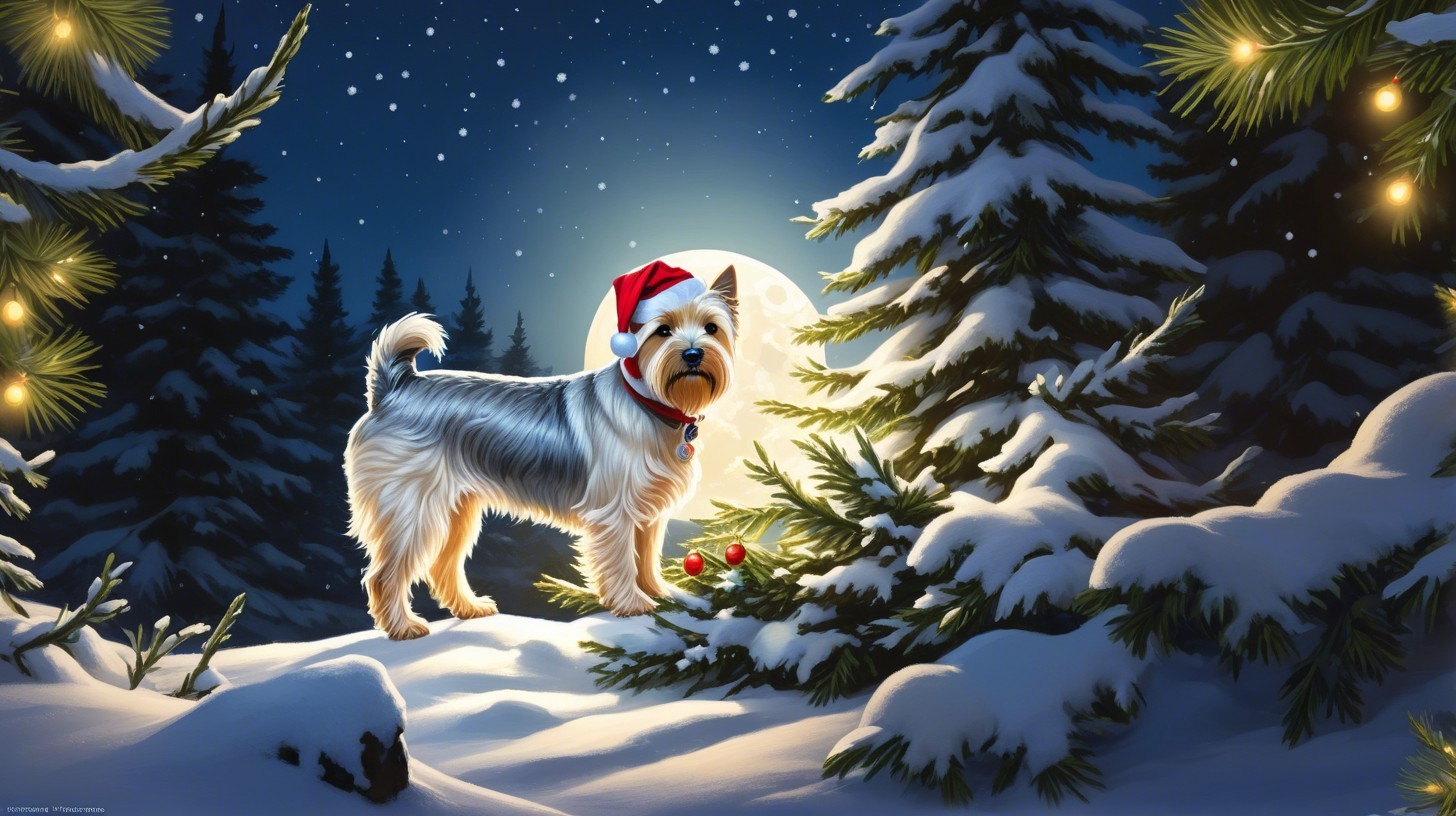 Yorkshire Terrier in Christmas Hat in Winter Wonderland