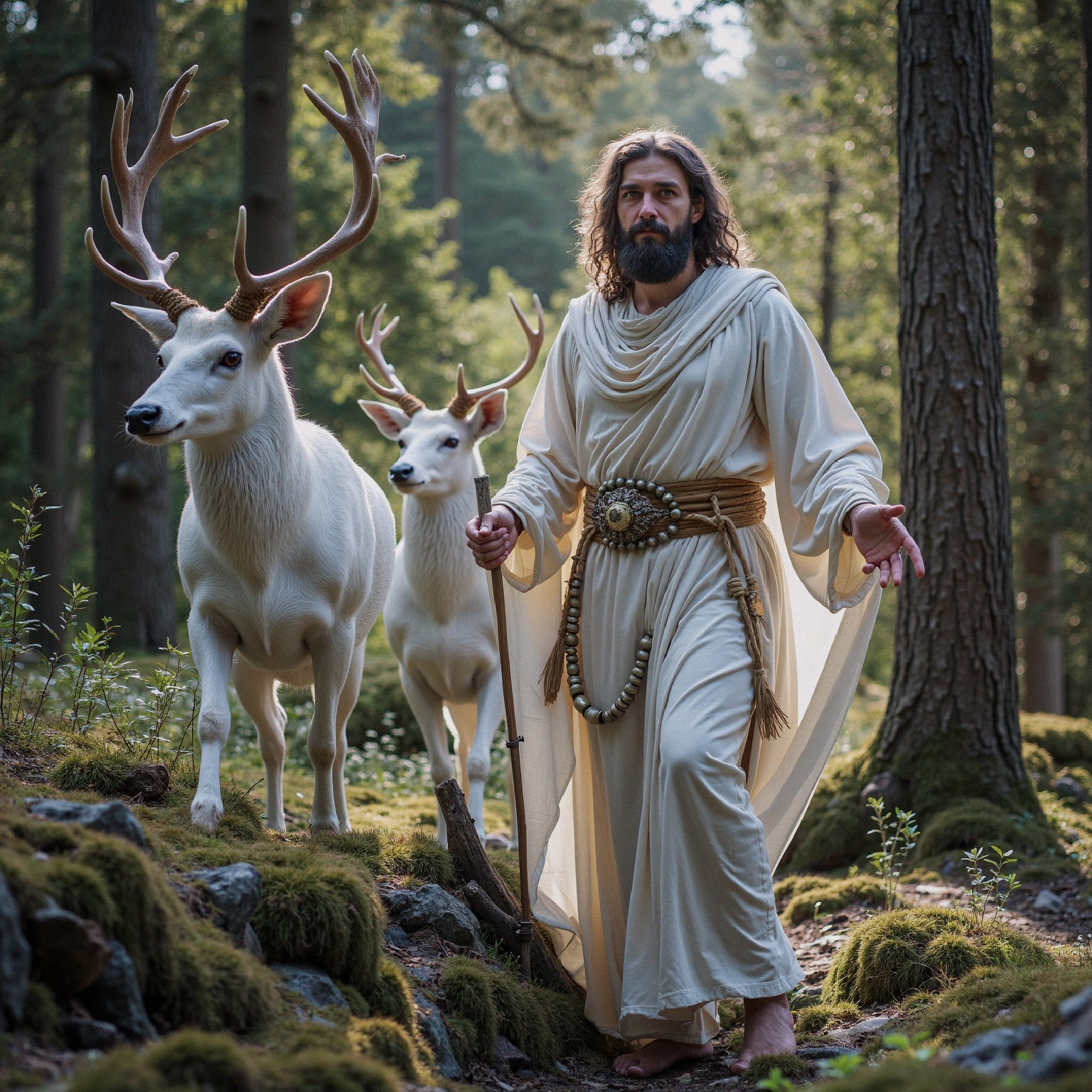 Ethereal Forest Scene with White Robes and Deer