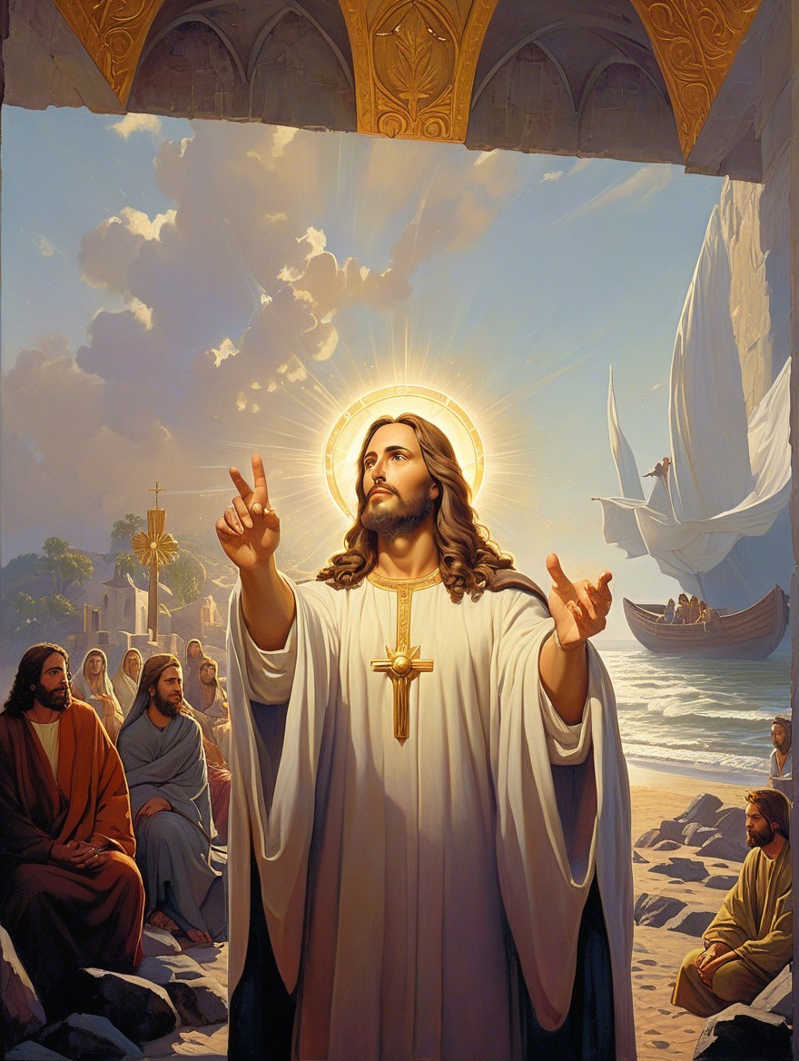Serene Coastal Scene with Jesus and Disciples