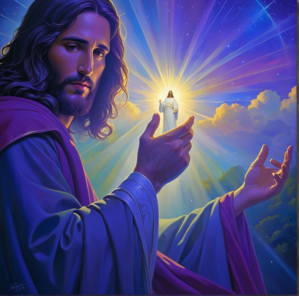 Serene figure with illuminated symbol in vibrant background