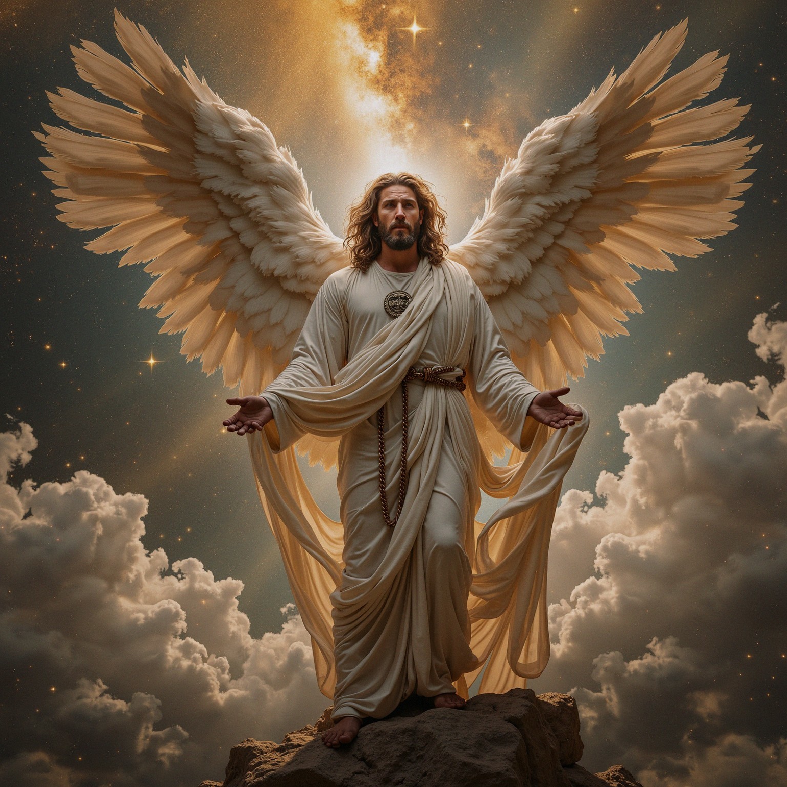 Majestic figure with wings in a cosmic landscape