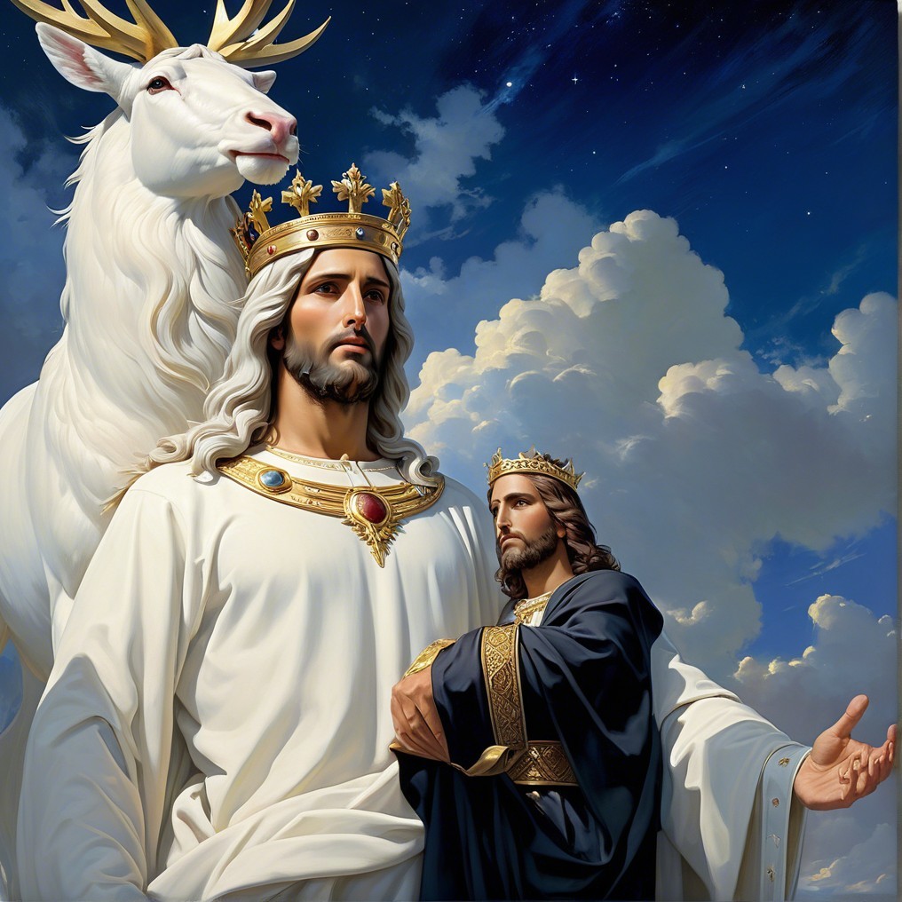 Regal Figures with Stag Against Majestic Sky