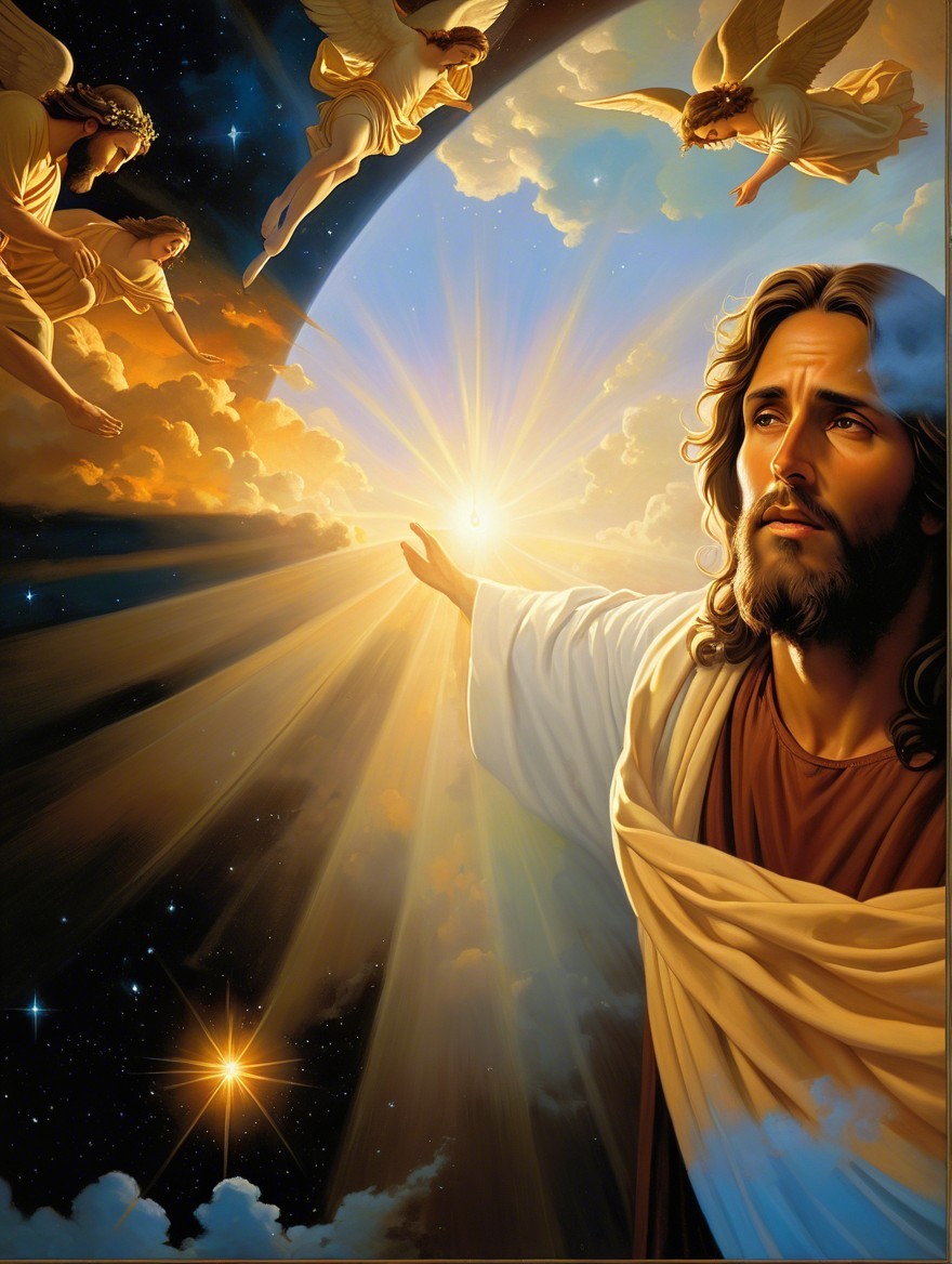 Jesus in White Robe Surrounded by Angels and Light