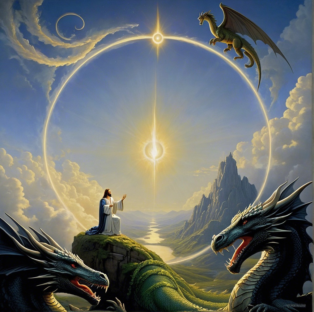 Bearded Figure with Dragons in Mythical Landscape