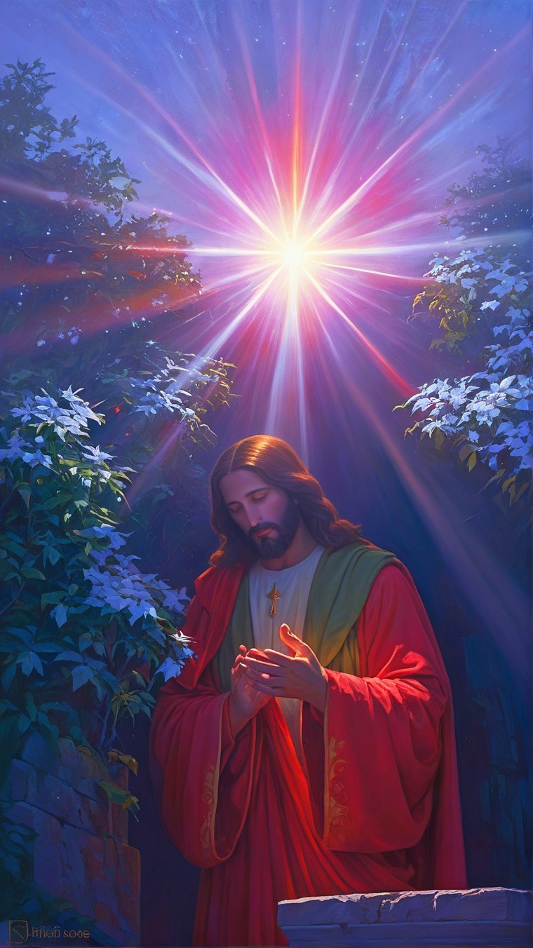 Jesus in Vibrant Robes Surrounded by Nature's Beauty