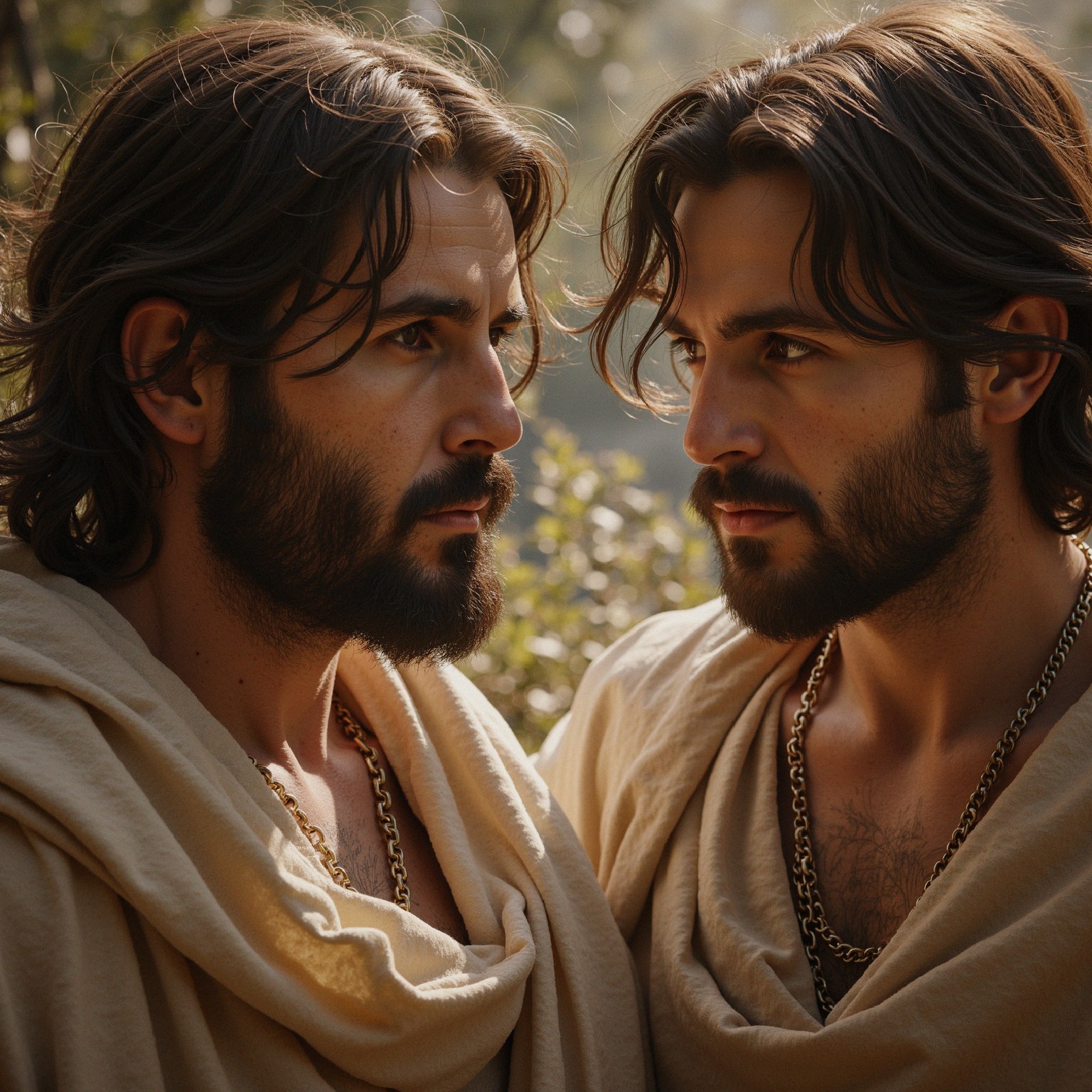 Bearded Men in Contemplative Gaze in Natural Setting