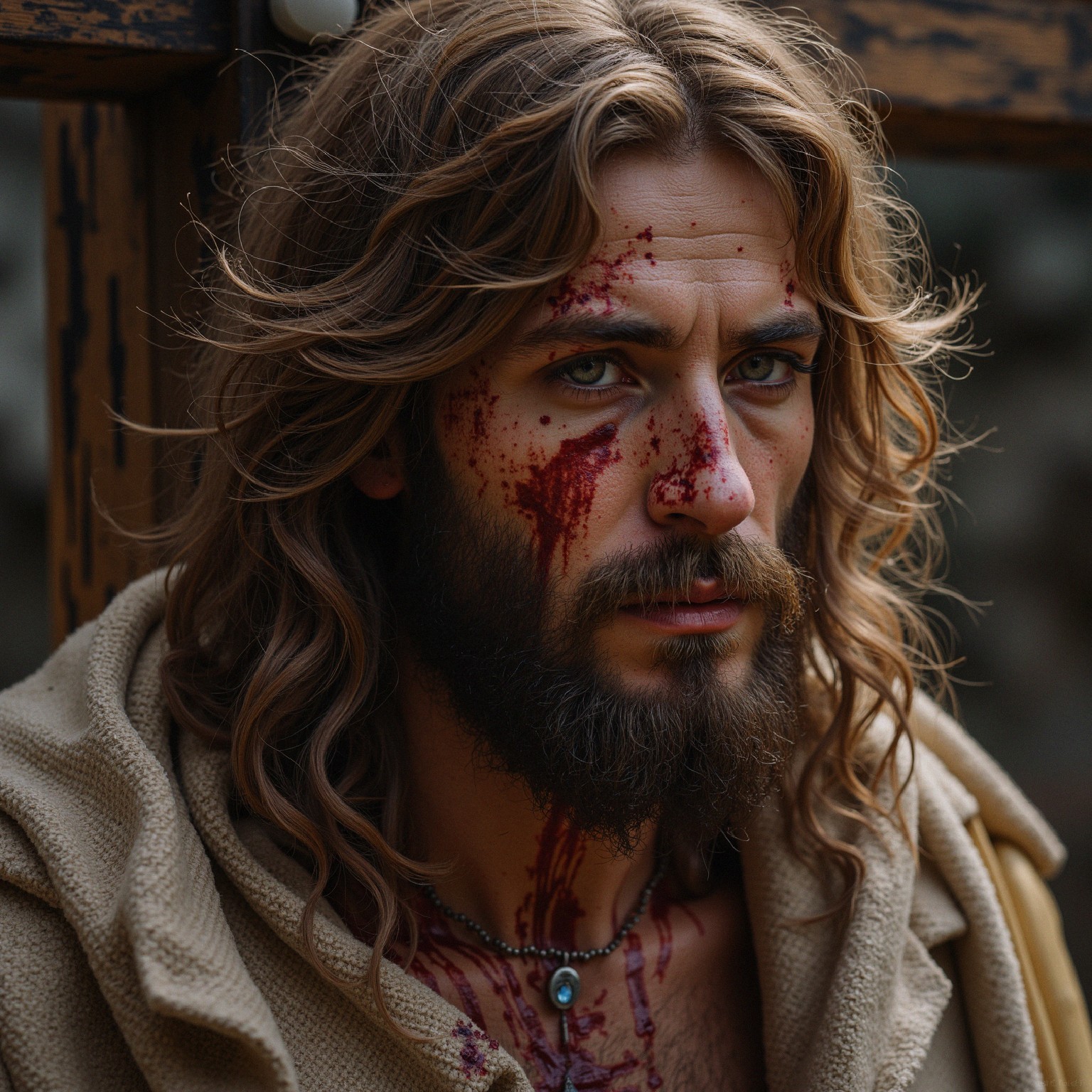 Portrait of a Man with Long Hair and Smeared Blood