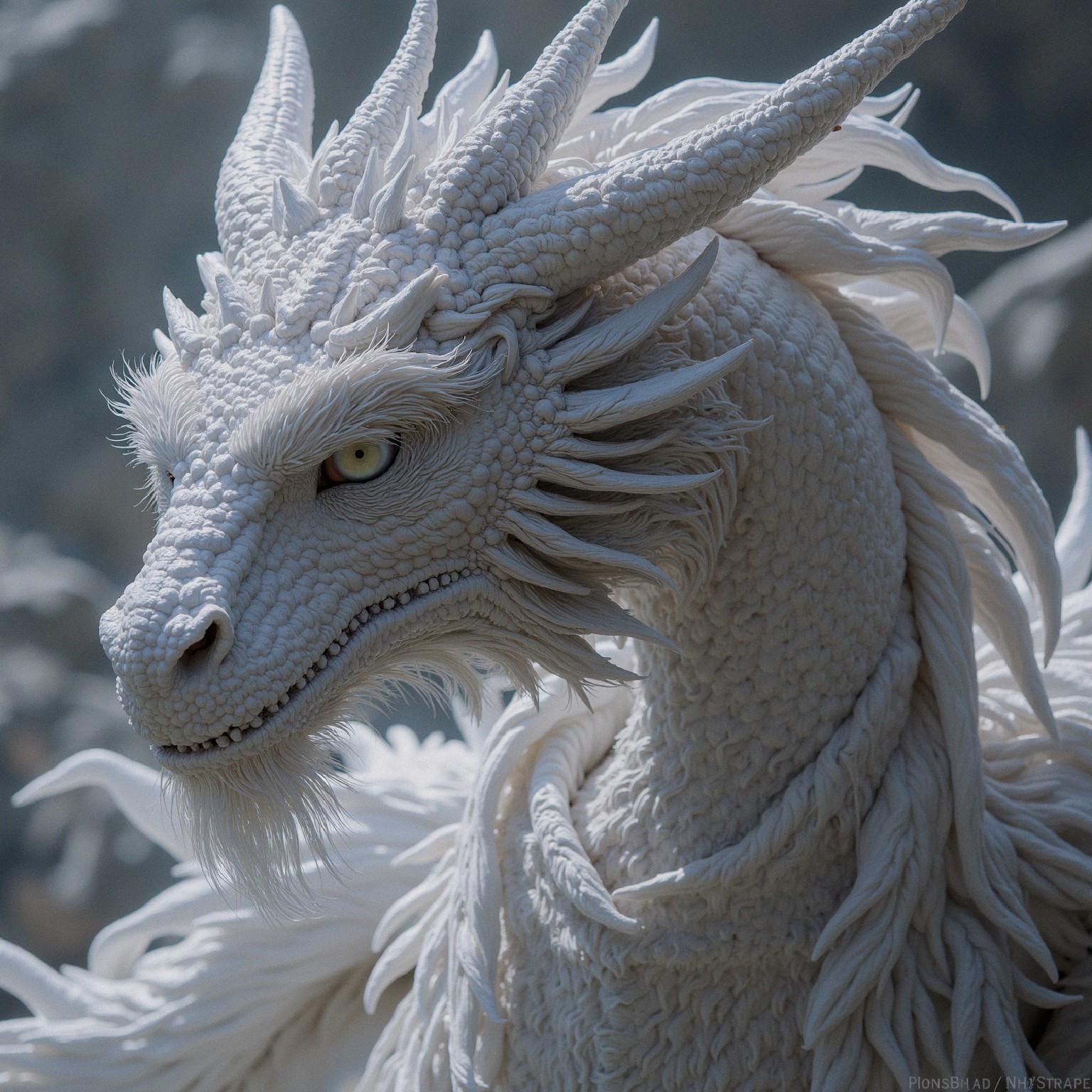 Majestic White Dragon with Textured Scales and Mane