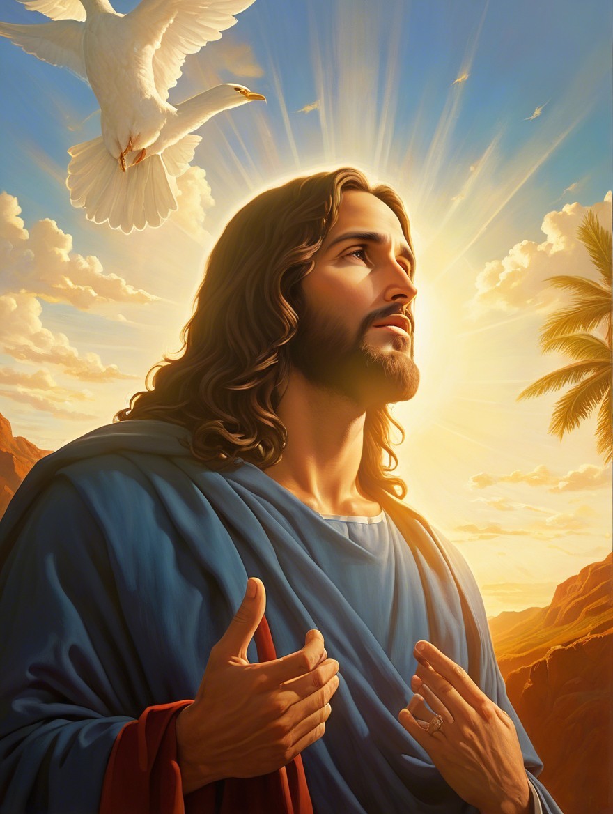 Serene Scene with Biblical Figure and Dove at Sunrise