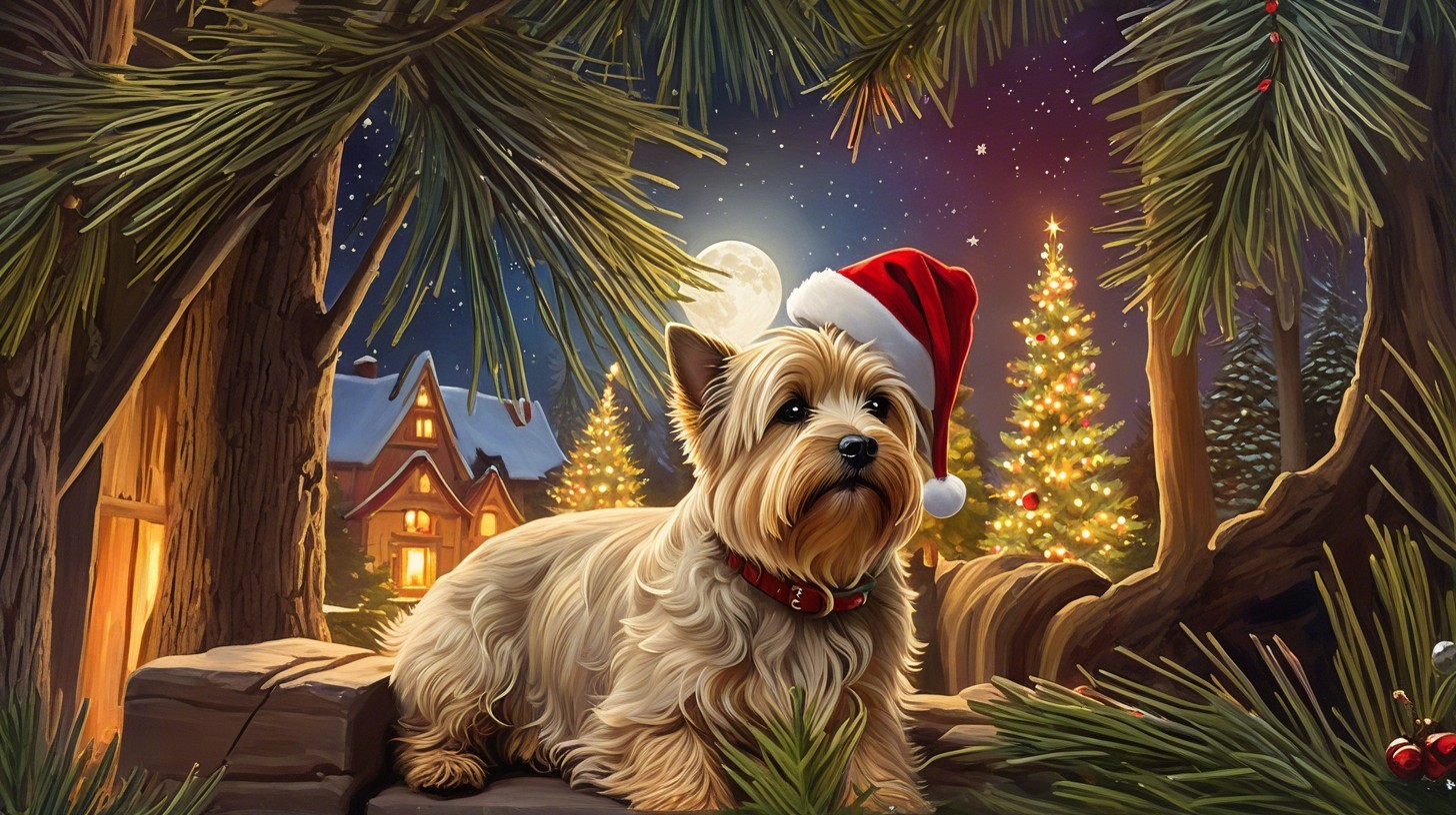 Cairn Terrier in Santa Hat in Snowy Christmas Village